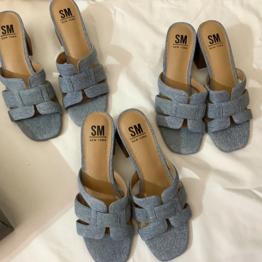 NWOT SM New York Denim blue slip ons‎ chunky heel open toe